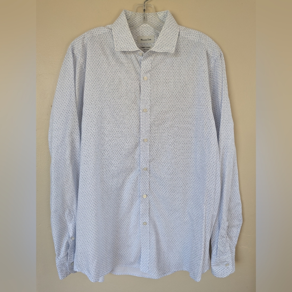 Massimo Dutti Button Down/Oxford Shirt, Blue & White, Polka Dot/Floral (LARGE)